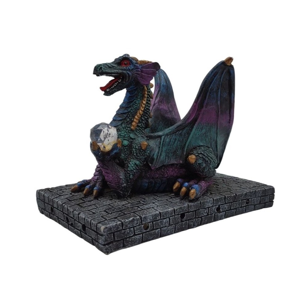 Dragon Figurine Candle Holder Crystal Ball Purple Green  7.5 Inches Long with Ba